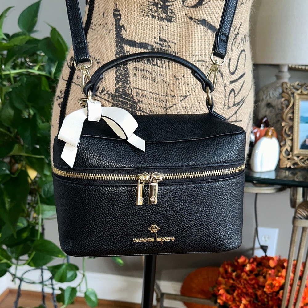 Nanette Lepore Black Zoey Train Case Crossbody Bag with White Bow Accent